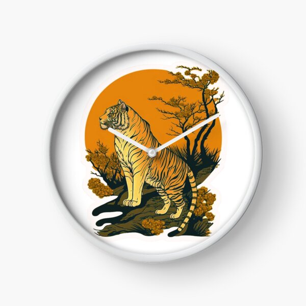 Vista previa del artículo con la obra «Hermoso tigre de estilo japonés en el dibujo de arte de línea amarilla y blanca de madera», diseñado y vendido por AzottoShop.