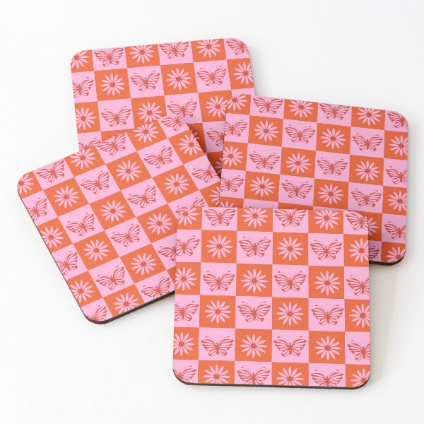 Item preview,  Checkered Retro flowers and butterflies pattern in orange and pink  designed and sold by Yasminepatterns .