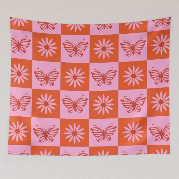 Item preview,  Checkered Retro flowers and butterflies pattern in orange and pink  designed and sold by Yasminepatterns .