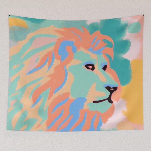 Item preview, a painting of a lion with a blue, yellow, and orange mane, a pop art painting designed and sold by Onoiko.