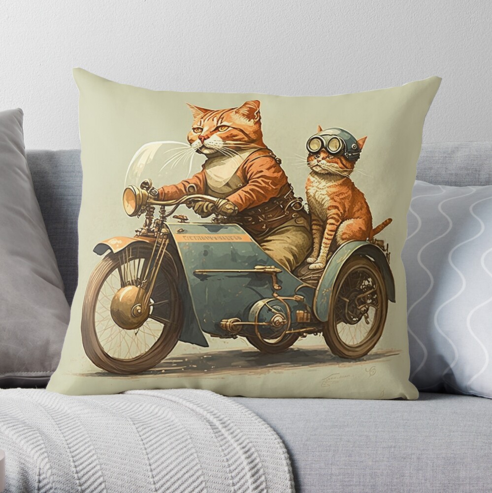 Vintage Motorcycle with Sidecar Cat Driving Throw Pillow for Sale by  GraphicGenie