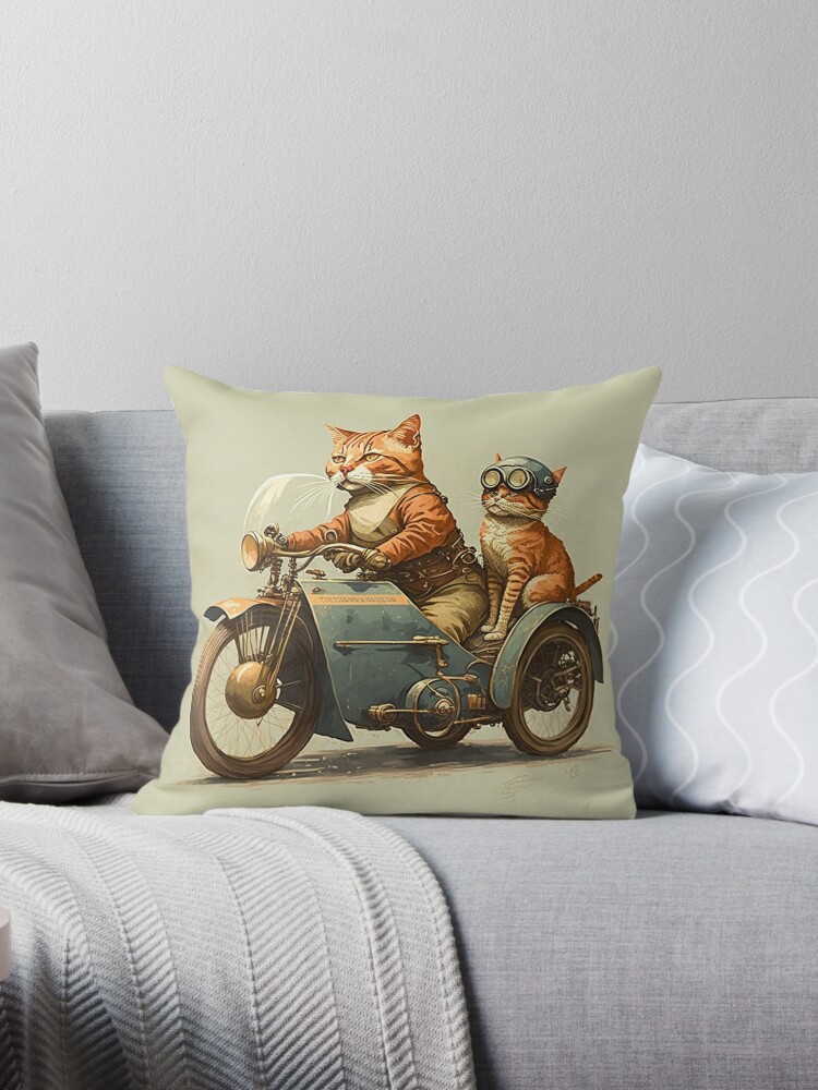 Vintage Motorcycle with Sidecar Cat Driving Throw Pillow for Sale by  GraphicGenie