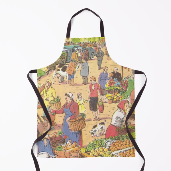 Item preview, great vintage illustration, market women and market stalls with fruit and vegetables and animals designed and sold by Mauswohn.