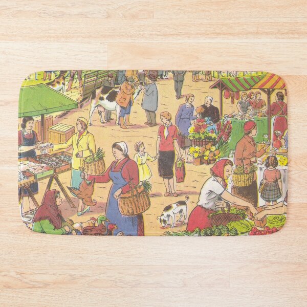 Item preview, great vintage illustration, market women and market stalls with fruit and vegetables and animals designed and sold by Mauswohn.