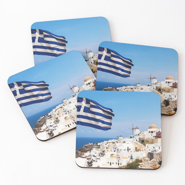 Item preview, Oia Village Santorini And Greek Flag designed and sold by Paul Thompson Photography.