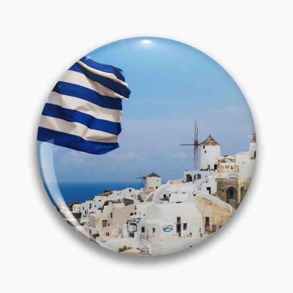 Item preview, Oia Village Santorini And Greek Flag designed and sold by Paul Thompson Photography.