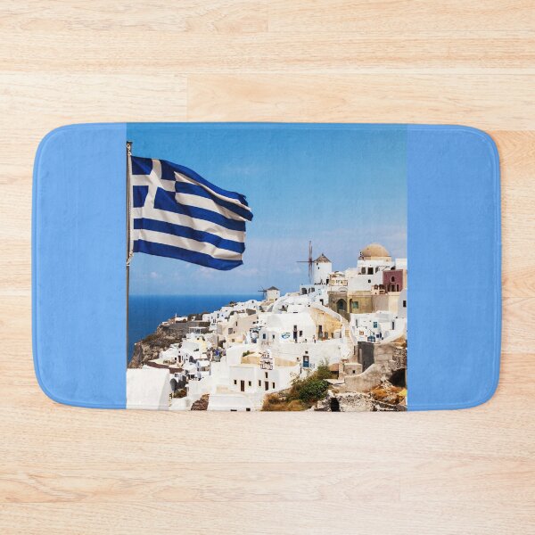 Item preview, Oia Village Santorini And Greek Flag designed and sold by Paul Thompson Photography.