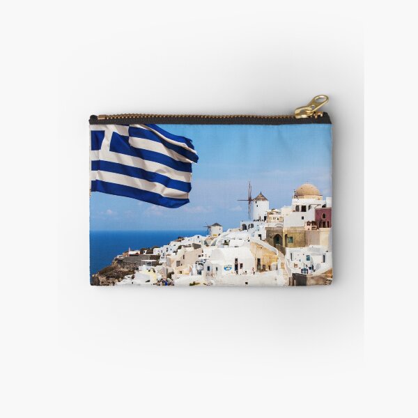 Item preview, Oia Village Santorini And Greek Flag designed and sold by Paul Thompson Photography.