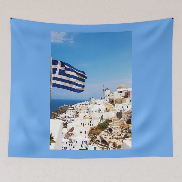 Item preview, Oia Village Santorini And Greek Flag designed and sold by Paul Thompson Photography.