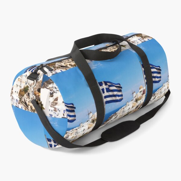 Item preview, Oia Village Santorini And Greek Flag designed and sold by Paul Thompson Photography.