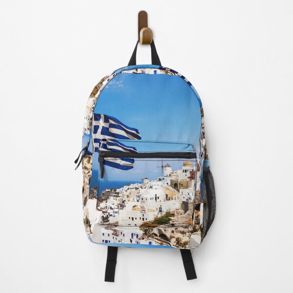 Item preview, Oia Village Santorini And Greek Flag designed and sold by Paul Thompson Photography.