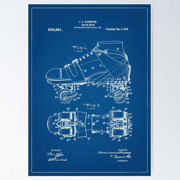 Item preview, 1908 Roller Skate Patent Art Blueprint designed and sold by Michael Kessel.