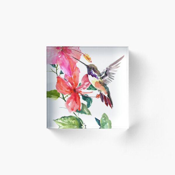 Hummingbird and Hibiscus Flowers Acrylic Block