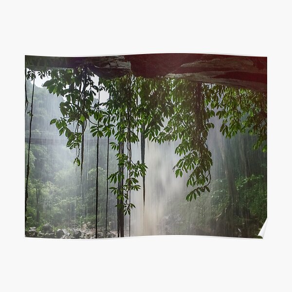 Out of the rain behind a Waterfall Poster