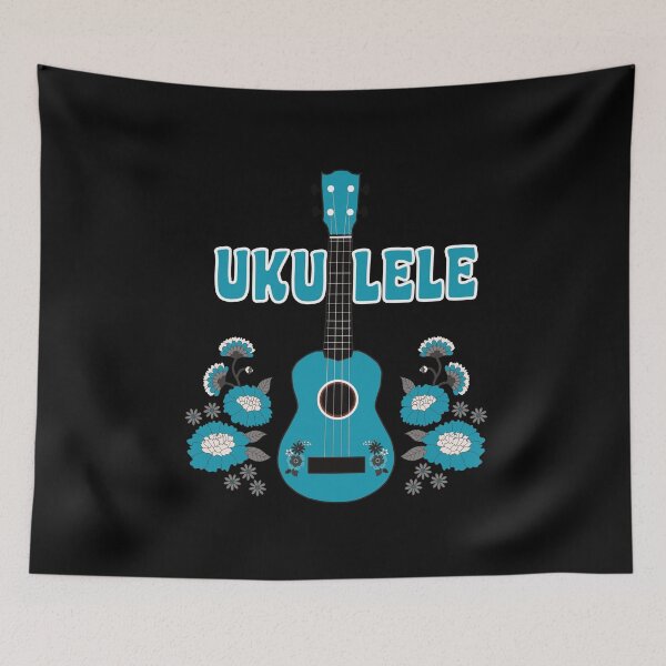 Item preview, Ukulele with flowers in turquoise - black background with text designed and sold by piesdesignart.