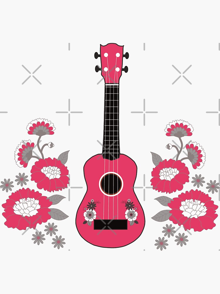 "Ukulele with flowers in pink black background" Sticker for Sale by