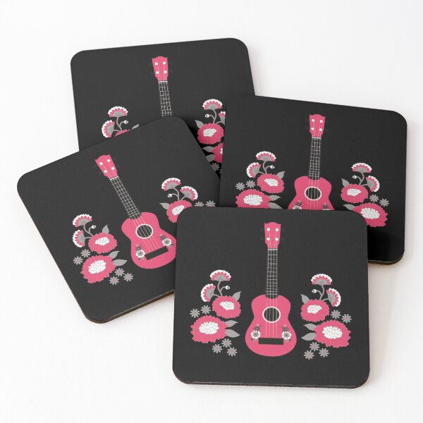 Item preview, Ukulele with flowers in pink - black background designed and sold by piesdesignart.