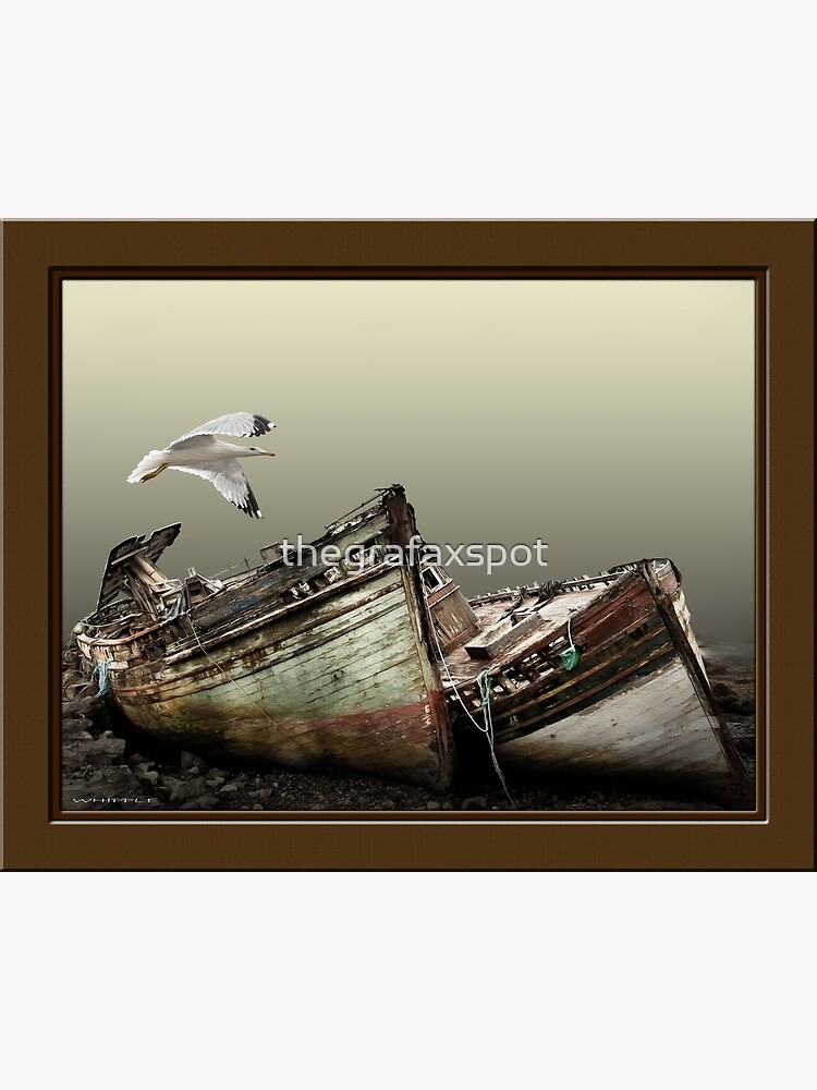 Seagull flying over two old Boats on a Mud Flat Canvas Print for Sale by  thegrafaxspot