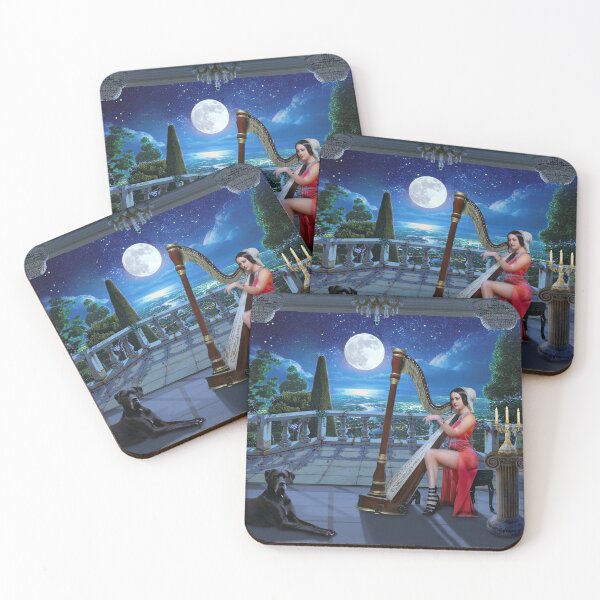 Item preview, Evening melody, moon melody, night melody, woman playing the harp, moon designed and sold by Anaconda23.
