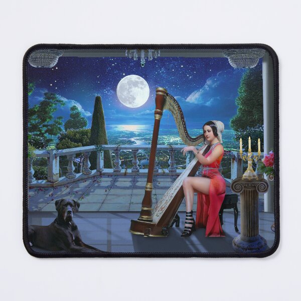 Item preview, Evening melody, moon melody, night melody, woman playing the harp, moon designed and sold by Anaconda23.