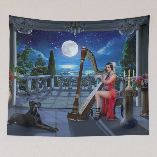 Item preview, Evening landscape, Evening melody, night melody, woman playing, moon, designed and sold by Anaconda23.