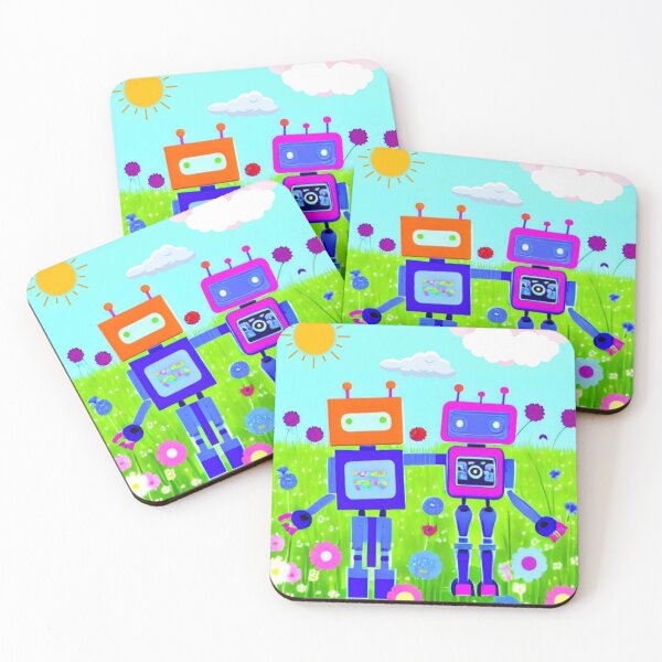 Item preview, Robot Friends Together in a Field of Wild Flowers designed and sold by HanaiPrint.