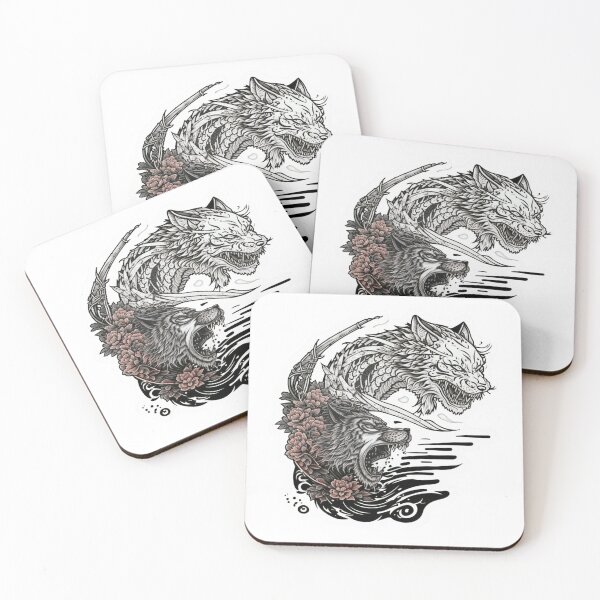 Item preview, Epic Battle of the Japan Style Wolf and Dragon Tiger Line Art designed and sold by AzottoShop.