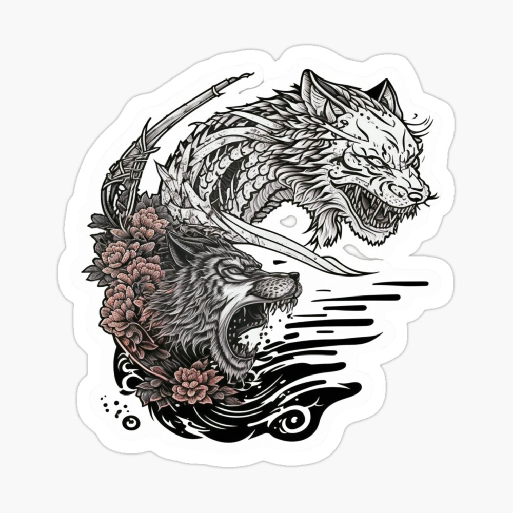 Japanese tattoo-style illustration of a samurai fighting a wolf on Craiyon