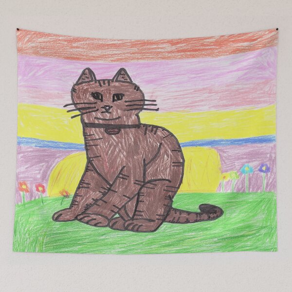 Item preview, Cute Tabby Kitty Cat with Rainbow Sunset and Flowers Colored Pencil Artwork designed and sold by JustincredibleT.