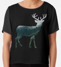 Buck Deer with Misty Evergreen Forest Woods Silhouette - Spirit of the Wild . Chiffon Top