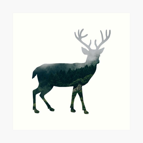Buck Deer with Misty Evergreen Forest Woods Silhouette - Spirit of the Wild . Art Print