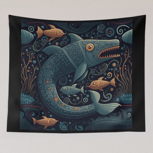 Item preview, Sea Faring Sea Monster Surrounded by Shoal and Shimmering Seaweed designed and sold by AllFolkedUp.