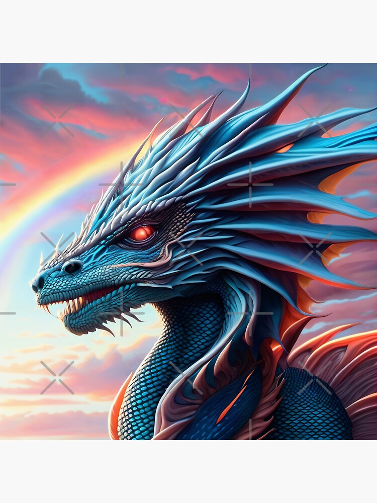 Thumbnail 3 of 3, Sticker, Blue Scaled Dragon at Sunrise Rainbow designed and sold by dragynrain.