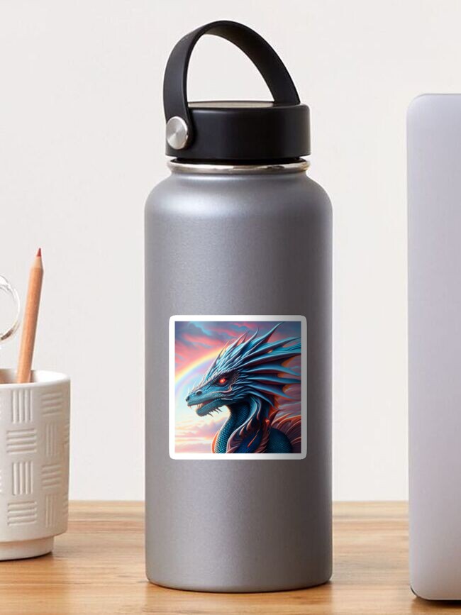 Thumbnail 1 of 3, Sticker, Blue Scaled Dragon at Sunrise Rainbow designed and sold by dragynrain.