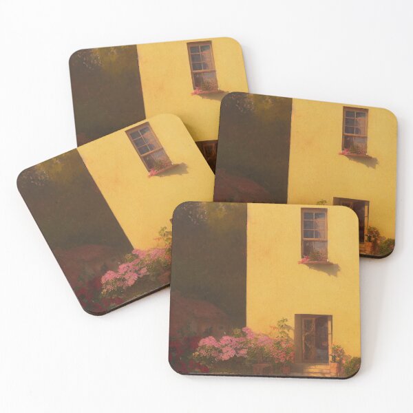 Item preview, Vintage Spanish Villa Home Yellow Exterior with Flower Pots View at Golden Hour designed and sold by bryanchvzz.
