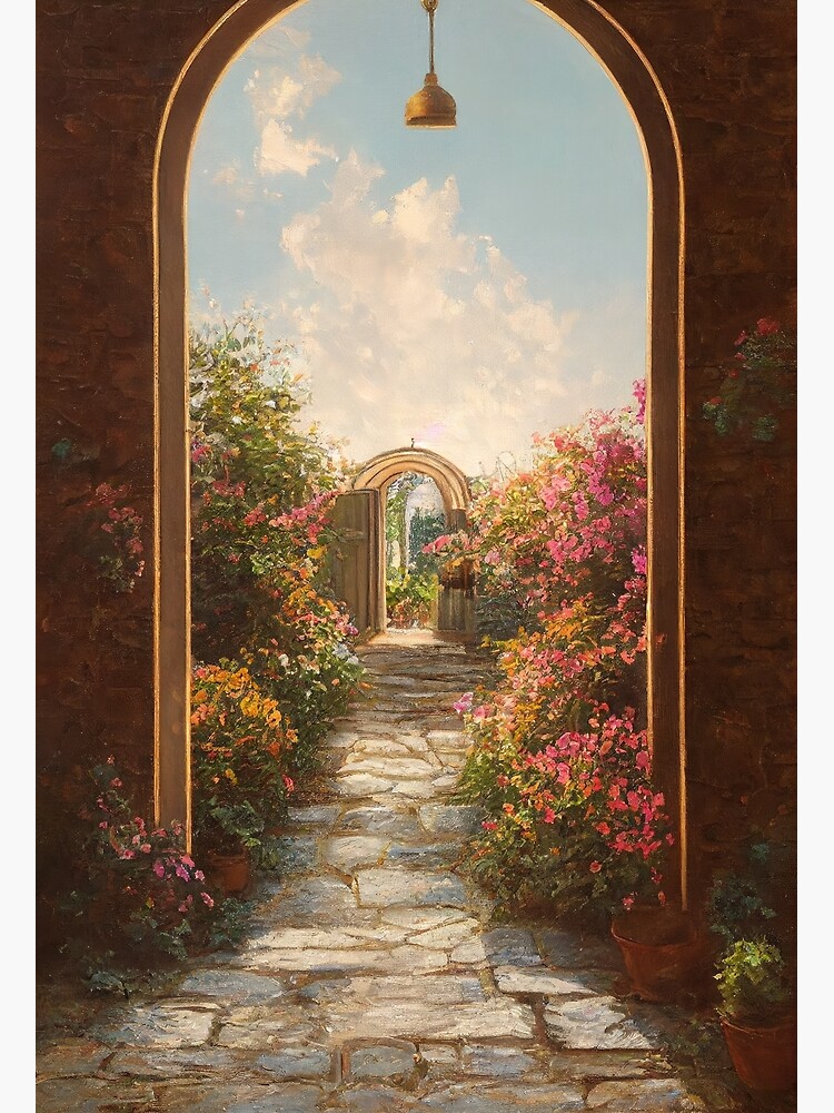 Int rieur de porte d arche de maison de villa espagnole vintage avec vue sur le jardin fleuri midi Impression artistique