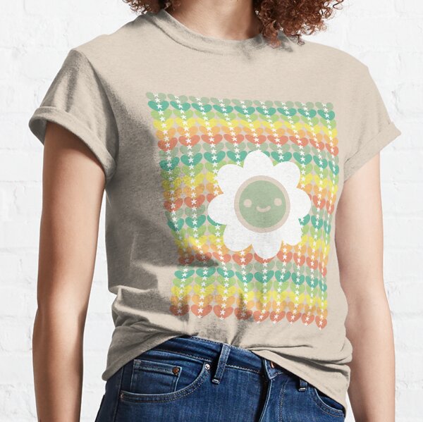 Retro Heart Stripe Muted Rainbow Groovy Flower Pattern Classic T-Shirt