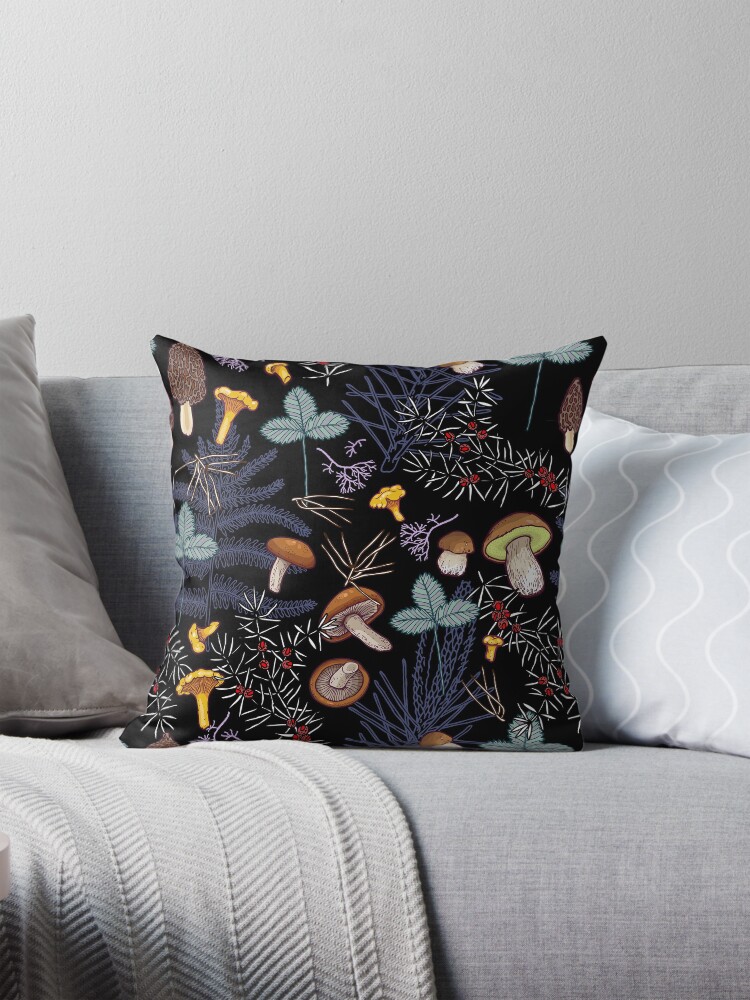 Thumbnail 1 of 4, Pillow, dark wild forest mushrooms designed and sold by smalldrawing.
