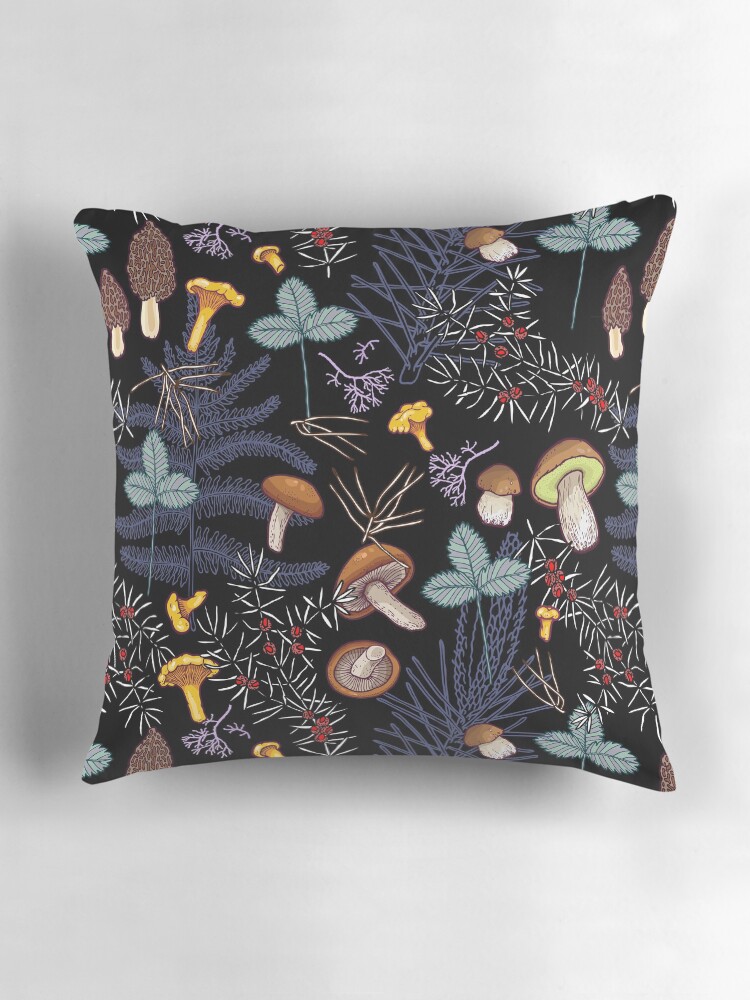 Thumbnail 3 of 4, Pillow, dark wild forest mushrooms designed and sold by smalldrawing.