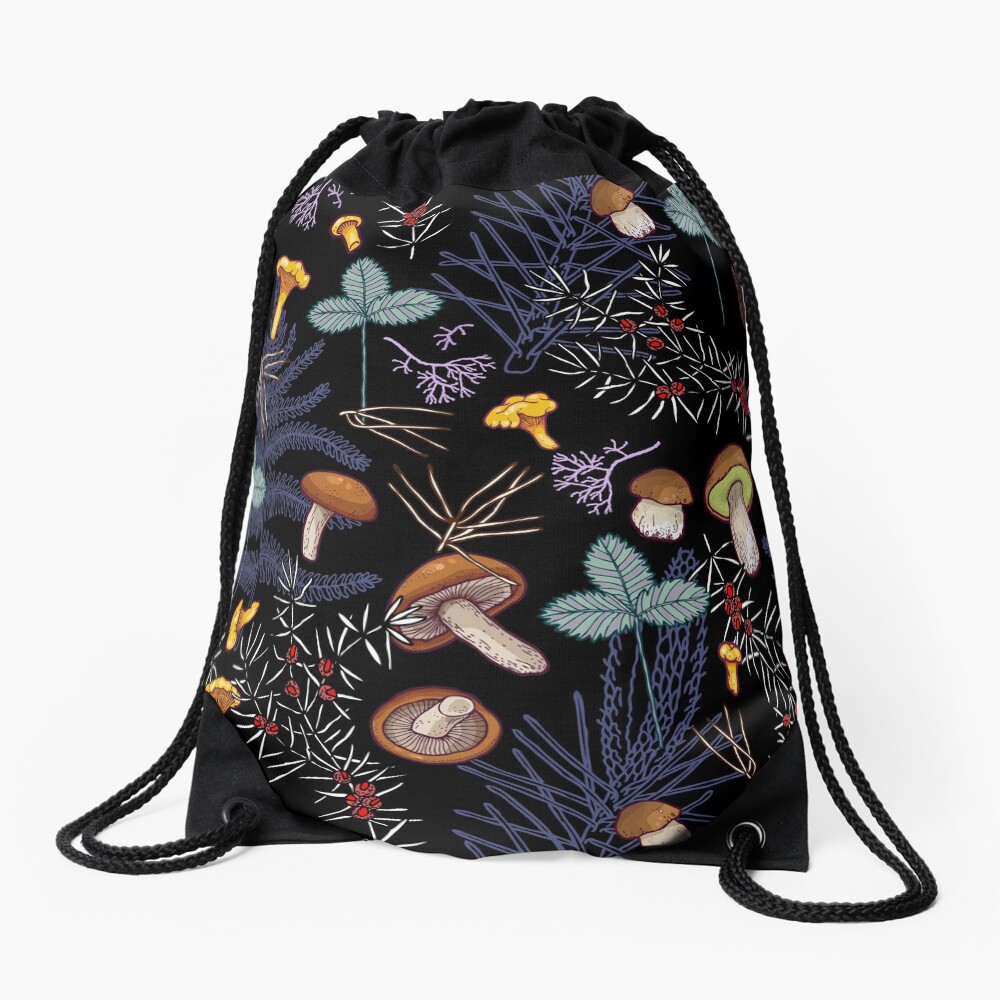 dark wild forest mushrooms Drawstring Bag