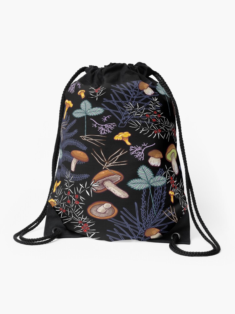 Thumbnail 1 of 3, Drawstring Bag, dark wild forest mushrooms designed and sold by smalldrawing.