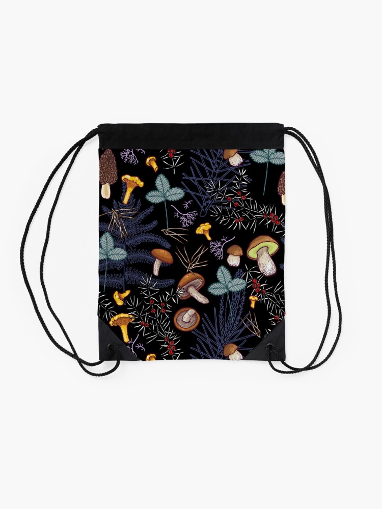 Alternate view of dark wild forest mushrooms Drawstring Bag