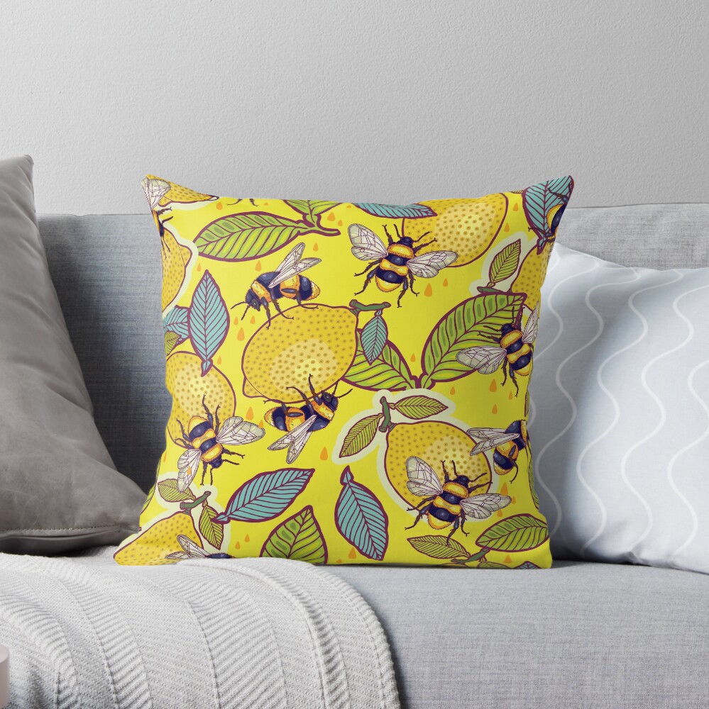 Yellow lemon and bee garden. Throw Pillow