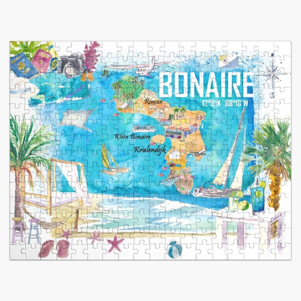 Artikel-Vorschau von Bonaire, Niederländische Antillen, Karibikinsel, illustrierte Reisekarte mit touristischen Highlights, designt und verkauft von artshop77.