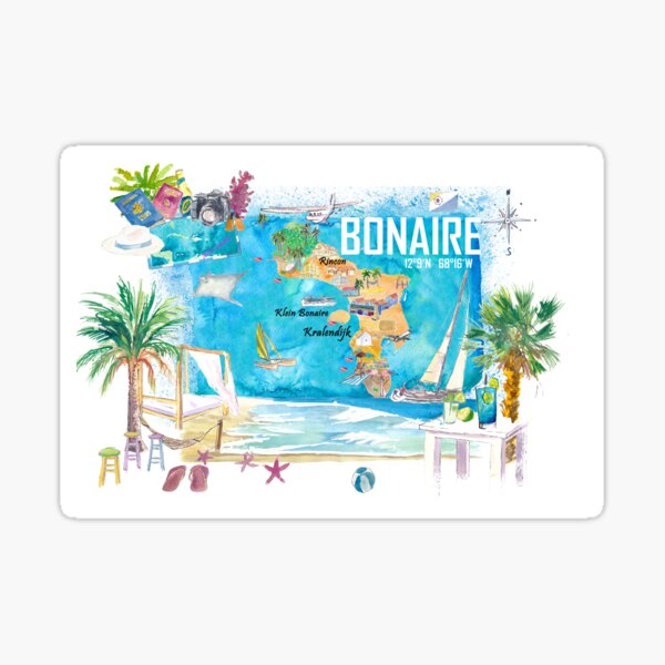 Artikel-Vorschau von Bonaire, Niederländische Antillen, Karibikinsel, illustrierte Reisekarte mit touristischen Highlights, designt und verkauft von artshop77.