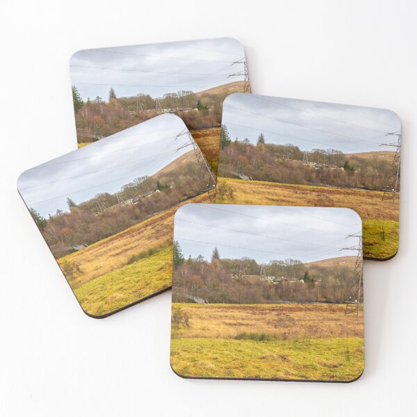 Item preview, Electricity pylons in a field on a cloudy day in winter at Kendoon Power Station, Galloway Hydro Electric Scheme, Scotland designed and sold by SnapTPhotograph.