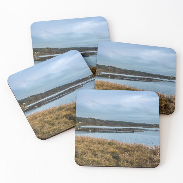 Item preview, Trout fish farm at Kendoon Loch at sunset in winter, near Carsphairn, on the Galloway Hydro Electric Scheme, Scotland designed and sold by SnapTPhotograph.