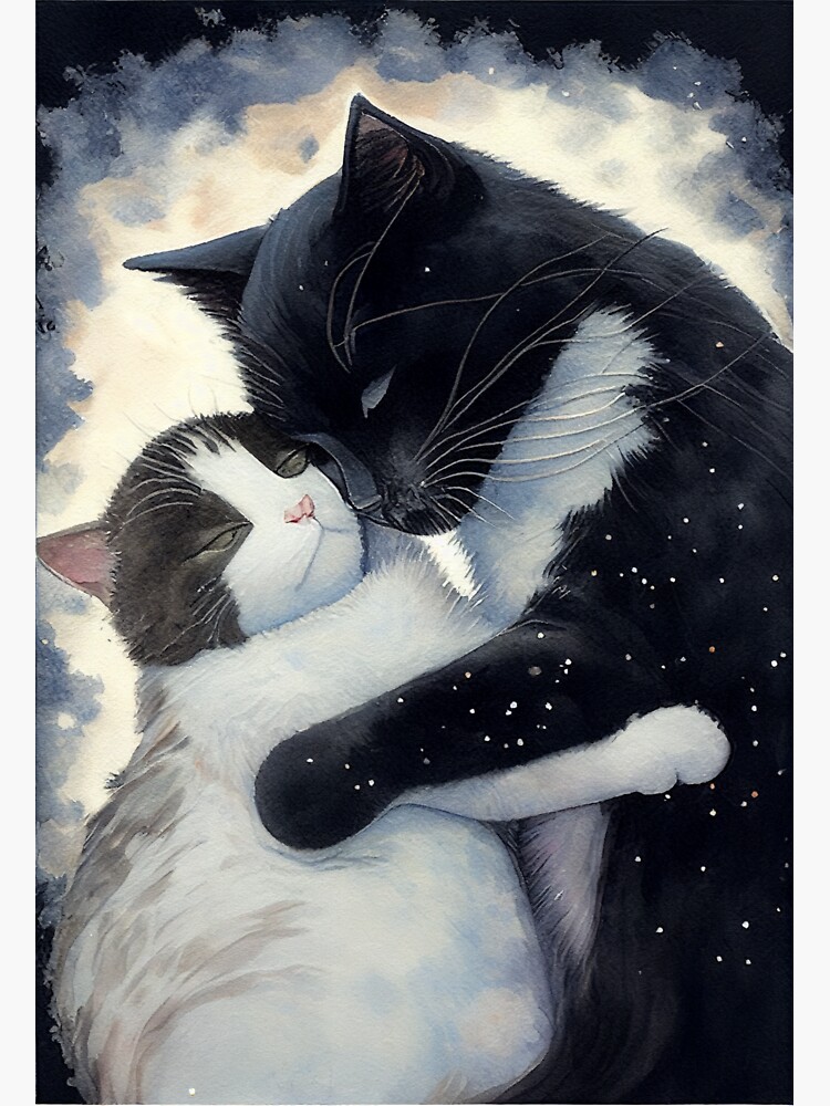 "a painting of a black and white cat hugging" Sticker for Sale by