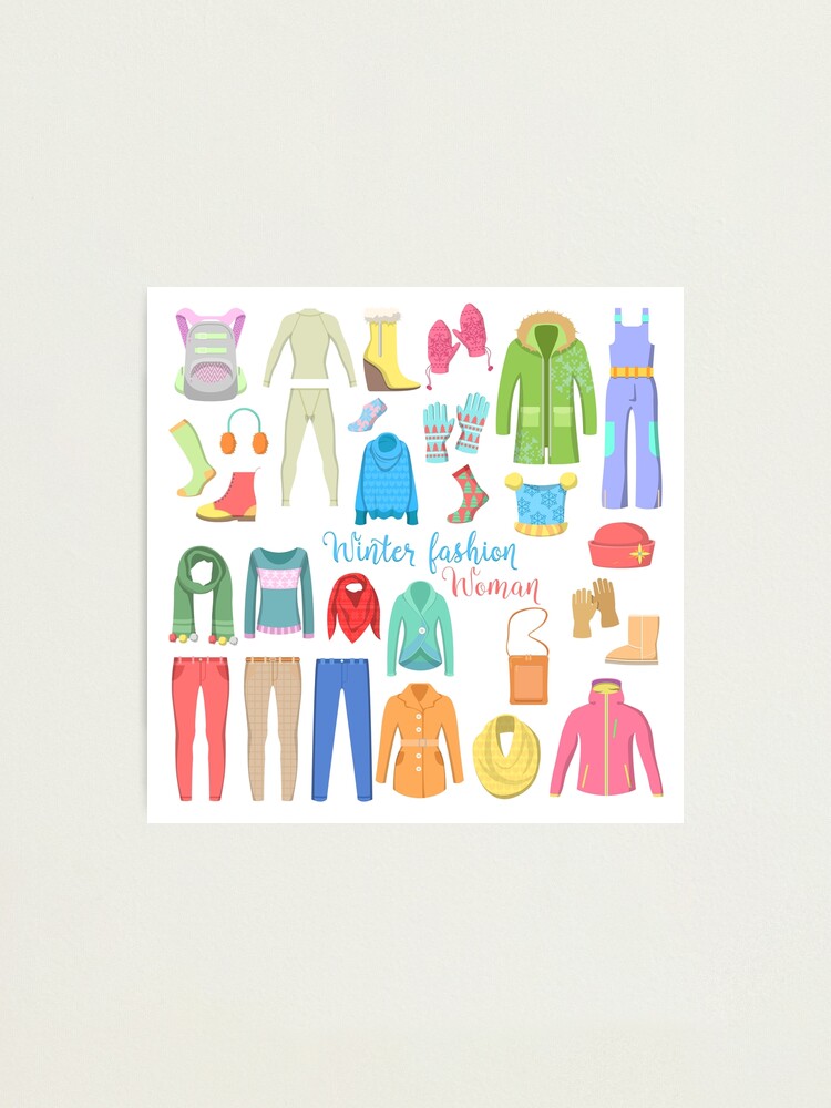 Lámina fotográfica «Colección de ropa y accesorios de invierno mujer con  zapatos, abrigos y suéteres.» de ivector | Redbubble