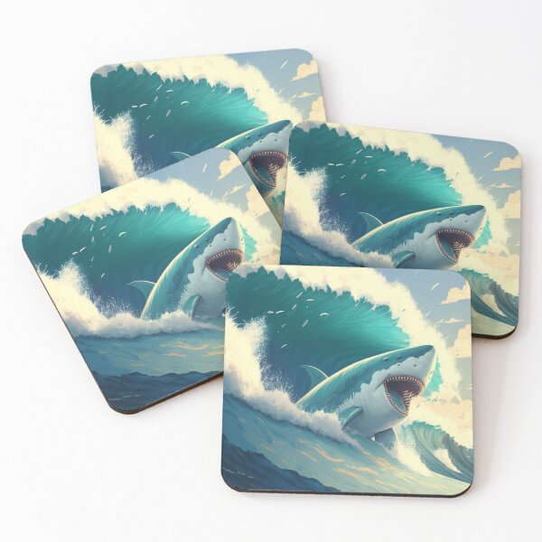 Item preview, The Great White Shark With Big Waves In The Ocean Anime Cartoon T-Shirt Wall Art designed and sold by mahdi ⭐⭐⭐⭐⭐.